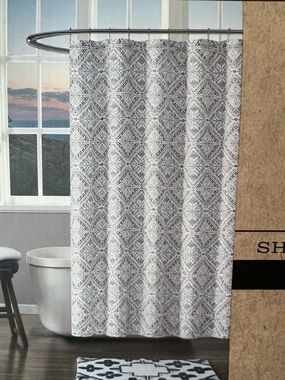 FRYE AND CO. White and Gray Moroccan Tile Shower Curtain